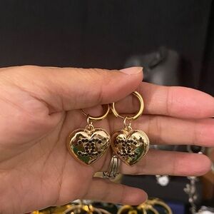 Gold Heart Earrings with Floral Design